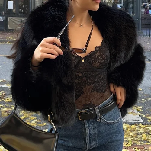 Neo Mint Street Fashion Shawl Collar Faux Fox Fur Coat Women 2024 Winter Cool Girls Black Short Fur Jacket Vintage Chic Overcoat - Image 4