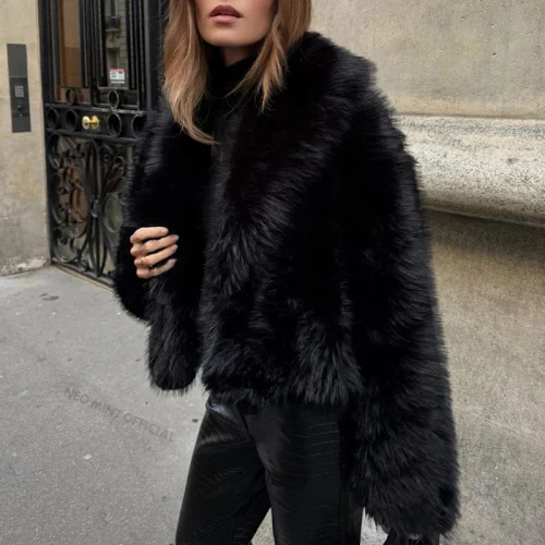 Neo Mint Street Fashion Shawl Collar Faux Fox Fur Coat Women 2024 Winter Cool Girls Black Short Fur Jacket Vintage Chic Overcoat - Image 5